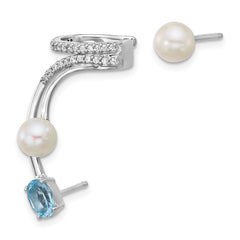 Sterling Silver Rhodium-plated CZ, White Freshwater Cultured Pearl and .58ct Oval Blue Topaz Post and Cuff Asymmetric Earrings