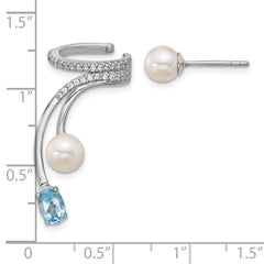 Sterling Silver Rhodium-plated CZ, White Freshwater Cultured Pearl and .58ct Oval Blue Topaz Post and Cuff Asymmetric Earrings