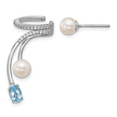 Sterling Silver Rhodium-plated CZ, White Freshwater Cultured Pearl and .58ct Oval Blue Topaz Post and Cuff Asymmetric Earrings