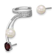 Sterling Silver Rhodium-plated CZ, White Freshwater Cultured Pearl and .57ct Oval Garnet Post and Cuff Asymmetric Earrings