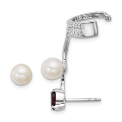 Sterling Silver Rhodium-plated CZ, White Freshwater Cultured Pearl and .57ct Oval Garnet Post and Cuff Asymmetric Earrings
