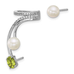 Sterling Silver Rhodium-plated CZ, White Freshwater Cultured Pearl and .49ct Oval Peridot Post and Cuff Asymmetric Earrings