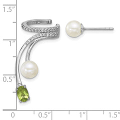 Sterling Silver Rhodium-plated CZ, White Freshwater Cultured Pearl and .49ct Oval Peridot Post and Cuff Asymmetric Earrings