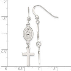 Sterling Silver Polished Spanish Miraculous Medal and Cross Dangle Shepherd Hook Earrings