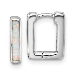 Sterling Silver Rhodium-plated Polished Lab Created Opal Square Hinged Hoop Earrings
