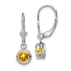 Sterling Silver Rhodium Plated 6mm Round Citrine Leverback Earrings