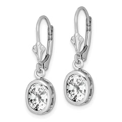 Sterling Silver Rhodium Plated 8x6mm Oval CZ Leverback Earrings