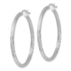 Sterling Silver Rhod-plated 2.5mm Polished/Satin Diamond-cut Hoop Earrings - 2