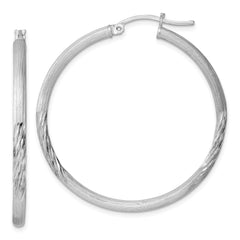 Sterling Silver Rhod-plated 2.5mm Polished/Satin Diamond-cut Hoop Earrings - 2