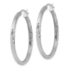 Sterling Silver Rhod-plated 2.5mm Polished/Satin Diamond-cut Hoop Earrings - 3