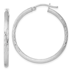 Sterling Silver Rhod-plated 2.5mm Polished/Satin Diamond-cut Hoop Earrings - 3