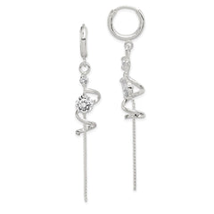 Sterling Silver Polished CZ Spiral & Chain Dangle Hinged Hoop Earrings