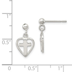 Sterling Silver Polished Cross in Heart Post Dangle Earrings