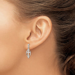 Sterling Silver Polished Antiqued & Textured Ichthus & Cross Post Dangle Earrings