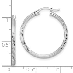 Sterling Silver Rhodium-plated 2mm Polished/Satin Diamond-cut Hoop Earrings - 10