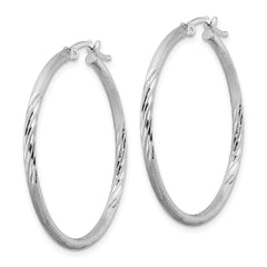 Sterling Silver Rhodium-plated 2mm Polished/Satin Diamond-cut Hoop Earrings - 15