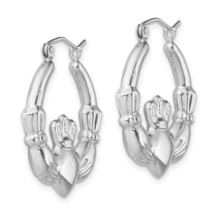 Sterling Silver Rhod-plated Polished Claddagh Round Hoop Earrings - 2