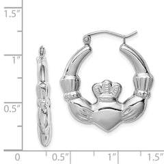 Sterling Silver Rhod-plated Polished Claddagh Round Hoop Earrings - 2