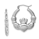 Sterling Silver Rhod-plated Polished Claddagh Round Hoop Earrings - 2