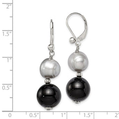 Sterling Silver Polished 12mm Black Agate & 10mm Grey Freshwater Cultured Pearl Leverback Dangle Earrings