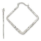 Sterling Silver Rhod-pltd Polished/Hammered Square Hoop Earrings
