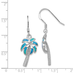 Sterling Silver Rhodium-plated Created Blue Opal Inlay Palm Tree Dangle Earrings