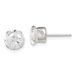 Sterling Silver 7mm Round Snap Set Cross-cut CZ Stud Earrings