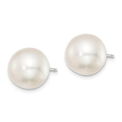 Sterling Silver Rhodium-plated 11-12mm White Button Freshwater Cultured Pearl Post Earrings