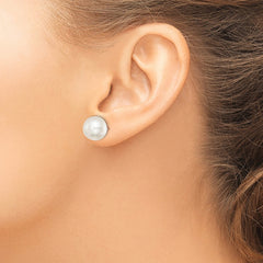 Sterling Silver Rhodium-plated 11-12mm White Button Freshwater Cultured Pearl Post Earrings