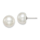 Sterling Silver Rhodium-plated 11-12mm White Button Freshwater Cultured Pearl Post Earrings