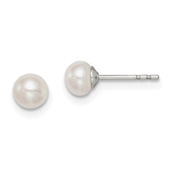 Sterling Silver Rhodium-plated 4-5mm White Button Freshwater Cultured Pearl Post Earrings - 2