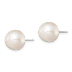 Sterling Silver Rhodium-plated 10-11mm White Button Freshwater Cultured Pearl Post Earrings