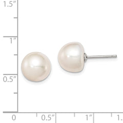 Sterling Silver Rhodium-plated 10-11mm White Button Freshwater Cultured Pearl Post Earrings