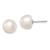Sterling Silver Rhodium-plated 10-11mm White Button Freshwater Cultured Pearl Post Earrings