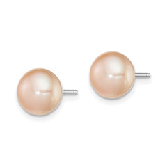 Sterling Silver Rhodium-plated 8-9mm Pink Button Freshwater Cultured Pearl Post Earrings