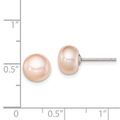 Sterling Silver Rhodium-plated 8-9mm Pink Button Freshwater Cultured Pearl Post Earrings