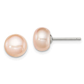 Sterling Silver Rhodium-plated 8-9mm Pink Button Freshwater Cultured Pearl Post Earrings