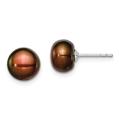 Sterling Silver Rhodium-plated 8-9mm Brown Button Freshwater Cultured Pearl Post Earring