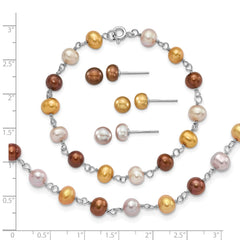 Sterling Silver Rhodium-plated White/Yellow/Brown Semi-Round Freshwater Cultured Pearl 18 inch Necklace/7.25 inch Bracelet/Button Post Earrings Set