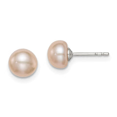 Sterling Silver Rhodium-plated 6-7mm Pink Button Freshwater Cultured Pearl Post Earrings