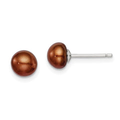 Sterling Silver Rhodium-plated 6-7mm Brown Button Freshwater Cultured Pearl Post Earring