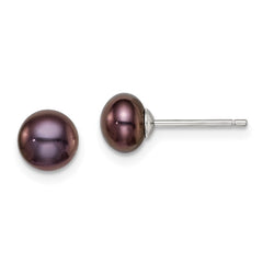 Sterling Silver Rhodium-plated 6-7mm Black Button Freshwater Cultured Pearl Post Earrings