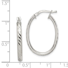 Sterling Silver Rhod-plated Textured 3mm Hollow Oval Hoop Earrings