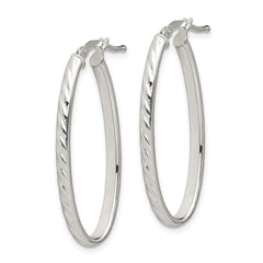 Sterling Silver Rhod-plated Textured 3mm Hollow Oval Hoop Earrings - 3