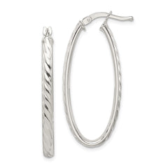 Sterling Silver Rhod-plated Textured 3mm Hollow Oval Hoop Earrings - 3