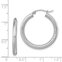 Sterling Silver Rhodium-plated Textured 3.00mm Hoop Earrings