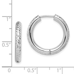 Sterling Silver Rhodium Polished Diamond Cut Hinged Hoop Earrings - 2