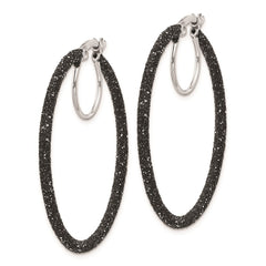 Sterling Silver Rhodium-plated Black Glitter Enamel 2x35mm Hoop Earrings