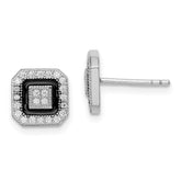 Sterling Silver RH-plated Black Enamel & Pavâ CZ Square Halo Post Earrings