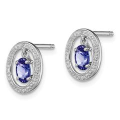 Sterling Silver Rhodium Plated Diamond & Tanzanite Oval Post Earrings - 2